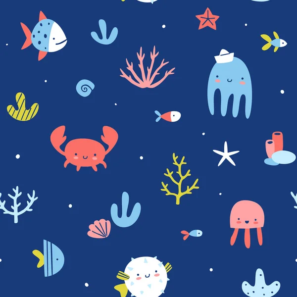 Cute Underwater Sea Animals Pattern Dark Blue Seamless Vector Print — Stock Vector