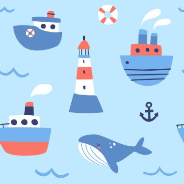 Deniz gemileri dalga deseninde. Buharlı gemi, balina ve deniz feneri olan kusursuz denizci bebek baskısı..