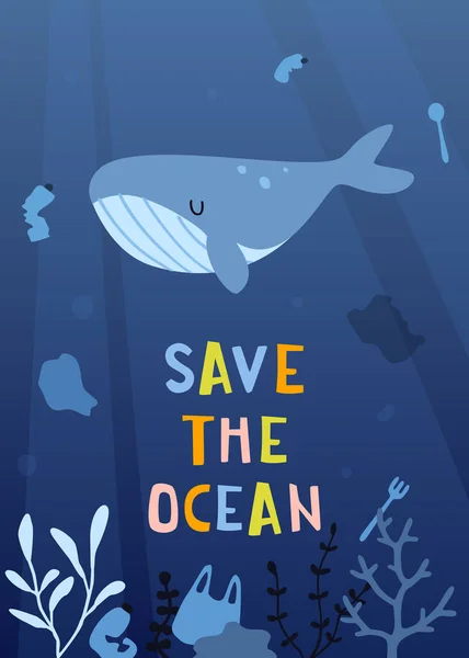 Bewaar Oceaanposter Voor Kinderonderwijs Cartoon Vervuiling Zeebodem Print Met Walvis — Stockvector