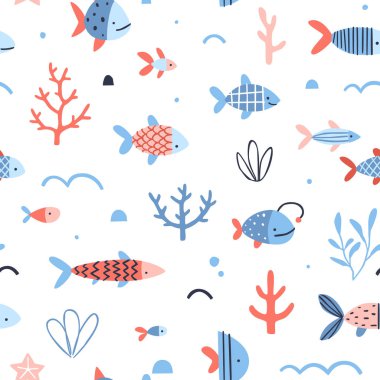 Şirin soyut balıklar ve yosunlar karalama desenleri. Tekstil ve yüzey tasarımı için kusursuz deniz yatağı vektör baskısı.