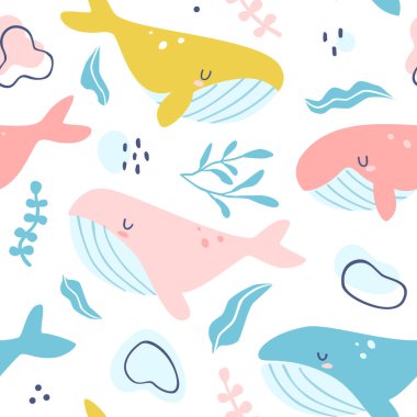 Uyuyan deniz balinaları organik desen. Tekstil için kakaolu ve yosunlu kusursuz deniz bebeği izi..