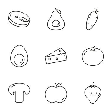 Doğrusal olarak sağlıklı yiyecek ikonları. Balık biftek, peynir, yumurta, sebze ve böğürtlen. Beyaz arkaplanda Vektör Resimleri.
