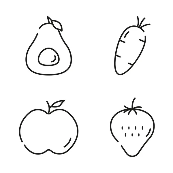 一套线性风格的图标健康食品 胡萝卜 苹果和草莓的黑线图标 白色背景的矢量说明 — 图库矢量图片