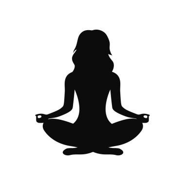 Meditasyon için poz veren siyah bir kadın silueti. Nilüfer pozisyonunda meditasyon ve yoga. Vektör illüstrasyonu beyaz arkaplanda izole edildi.