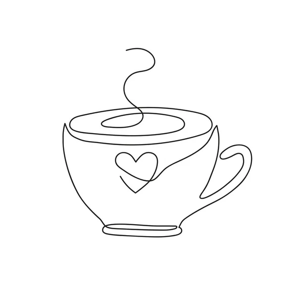 Continuous One Line Drawing Cup Coffee Steam Heart Hand Drawn — Stock Vector