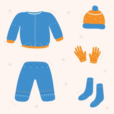 Beyaz arka planda izole edilmiş şirin kıyafetler. Çizgi film tarzında kış kıyafetleri koleksiyonu. Ceket, şapka, pantolon, çorap, eldiven. Vektör illüstrasyonu.