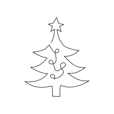 Yıldız ve çelenkli bir Noel ağacı çizimi devam ediyor. El çizimi Noel ağacı beyaz arka planda izole edilmiş. Doğrusal stil. Vektör illüstrasyonu