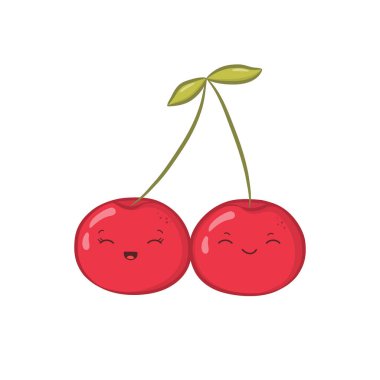 Kawaii tarzında gülümseyen tatlı kiraz. Mutlu ve komik yüzlü el çizimi bir karakter. Vektör illüstrasyonu beyaz arkaplanda izole edildi