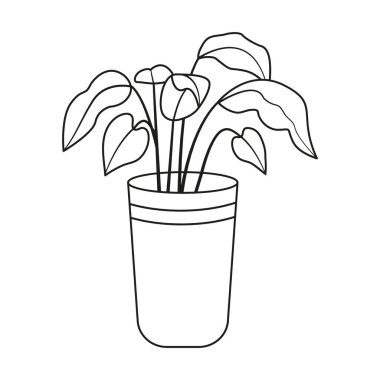 Potted plant in linear drawing style. House plant in pot or planter. Vector illustration isolated on white background