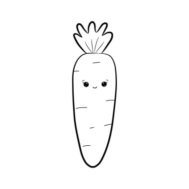 Gülen yüzlü tatlı kawaii havucu. Basit bir el çizimi havuç, beyaz arka planda izole. Doodle tarzı. Vektör illüstrasyonu