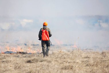 Tarladaki bir itfaiyeci yangını suyla söndürüyor.