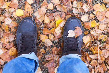 Sarı ve kuru yapraklar ve bacaklar üzerinde sonbahar çizmeleri