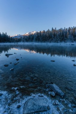 Çin 'in Xinjiang ilindeki Kanas Gölü' nün kış manzarası, gün doğumunda..