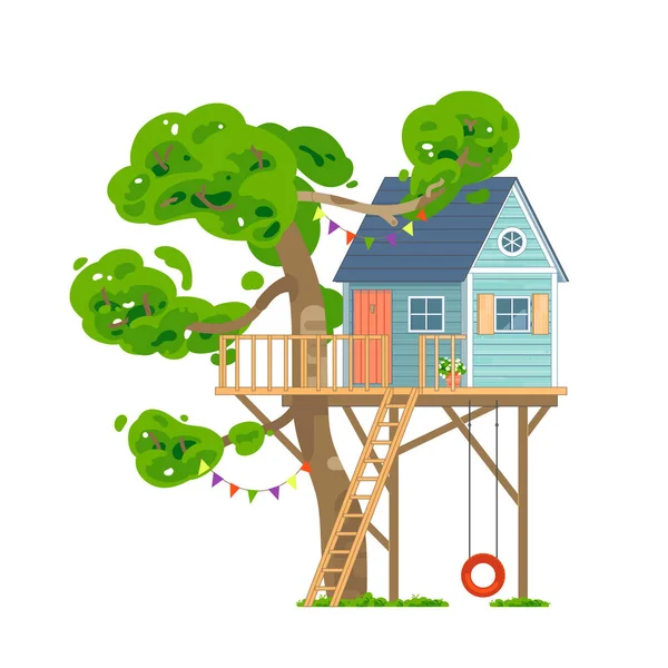 Casa Árbol Con Zona Juegos Para Niños Cobertizo Árboles Para — Vector de stock