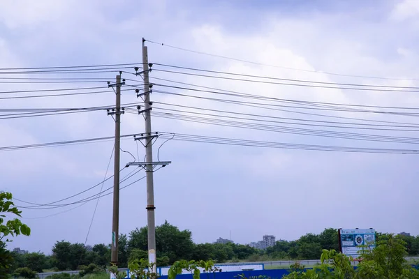 High Voltage Electricity Pylon Cloudy Blue Sky —  Fotos de Stock