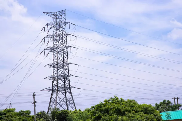 High Voltage Electricity Pylon Cloudy Blue Sky —  Fotos de Stock