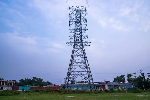 High Voltage Electricity Pylon Cloudy Blue Sky —  Fotos de Stock