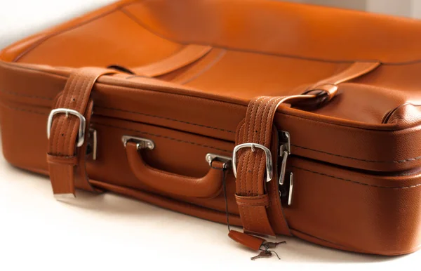Old Suitcase Made Orange Red Leather Closed Straps Metal Buckles — Stock Photo, Image