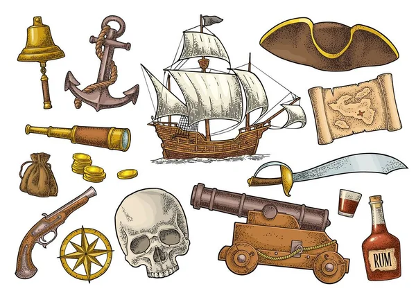 Definir aventura pirata. Cor do vetor gravura vintage —  Vetores de Stock