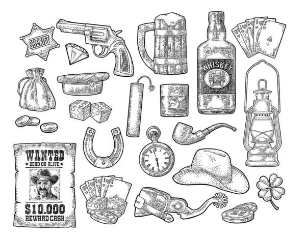 Conjunto com símbolos Wild West e casino. Vetor vintage gravura ilustração preta —  Vetores de Stock