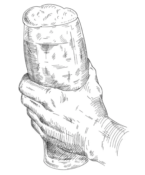 Mão masculina segurando e batendo caneca de cerveja. Ilustração de cor vintage — Vetor de Stock