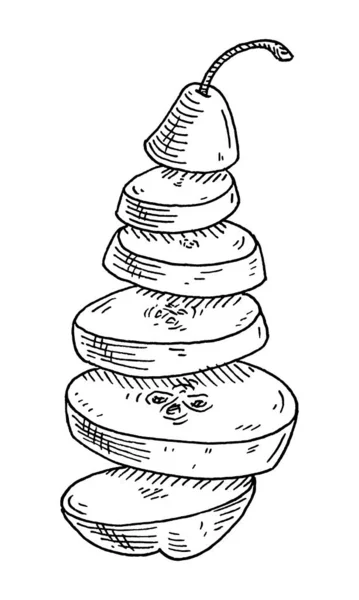 新鮮な梨の空飛ぶ作品 ヴィンテージ彫刻黒モノクロームイラスト 白い背景に隔離されている 手描きデザインインク — ストックベクタ