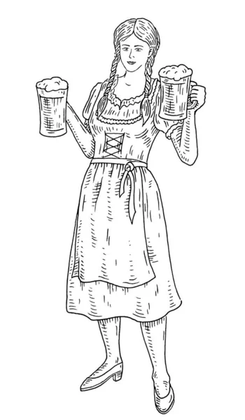 Femme Portant Une Robe Bavaroise Traditionnelle Tenant Deux Tasses Bière — Image vectorielle