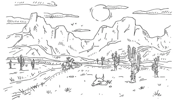 Всадник Мексики Едет Фоне Панорамных Гор Пустыни Винтажный Вектор Обволакивающий — стоковый вектор