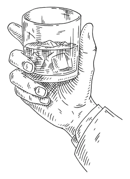 Ανδρικό Χέρι Που Κρατάει Γυάλινο Ουίσκι Παγάκι Vintage Μαύρη Διανυσματική — Διανυσματικό Αρχείο