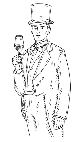 Cavalheiro Segurando Vinho Vidro Vintage Gravura Preta Ilustração Isolado Fundo —  Vetores de Stock