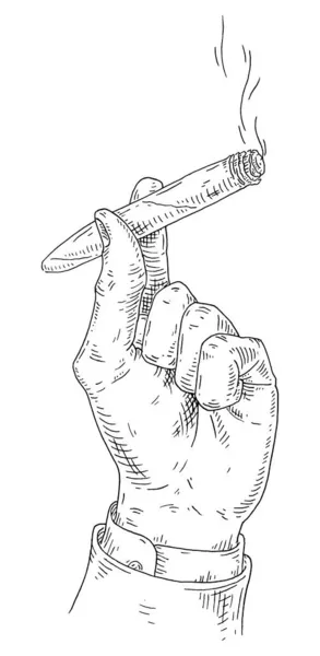 男性の手は葉巻を燃焼保持 ヴィンテージベクトルブラックイラストを彫る 白い背景に隔離されている 手描きインクデザイン要素 — ストックベクタ