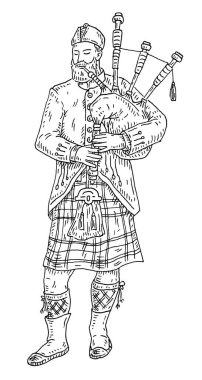 Scottish man dressed in kilt playing traditional bagpipes. Vintage vector black engraving clipart