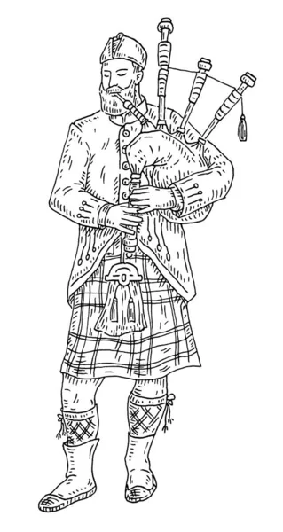 Schotse man gekleed in kilt spelen traditionele doedelzak. Vintage vector zwarte gravure — Stockvector