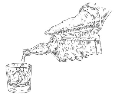 Erkek eli şişelerden bardağa viski doldurur. Beyaz arkaplanda izole edilmiş vintage vektör siyah oyma çizimi