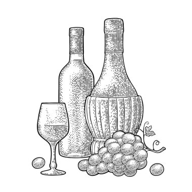 Şişe, cam, üzümlü ve yapraklı. Klasik siyah oyma vektörü