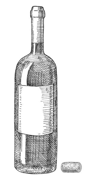 Botella de cristal de vino con etiqueta transparente. Vintage eclosión ilustración monocromática. — Archivo Imágenes Vectoriales