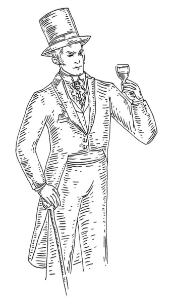 Gentleman holding glass wine. Vintage hatching illustration. Isolated on white — Stock Vector