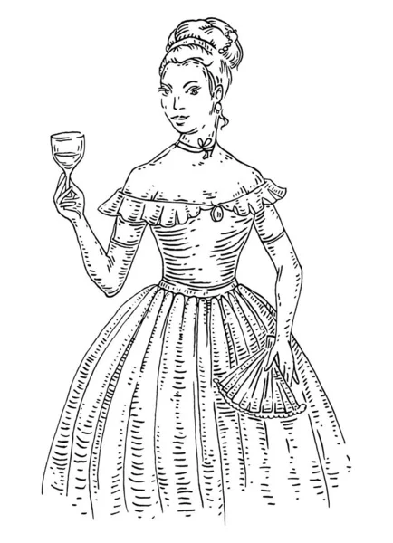 Perempuan bangsawan memegang anggur kaca. Ilustrasi ukiran antik. Terisolasi di atas putih - Stok Vektor