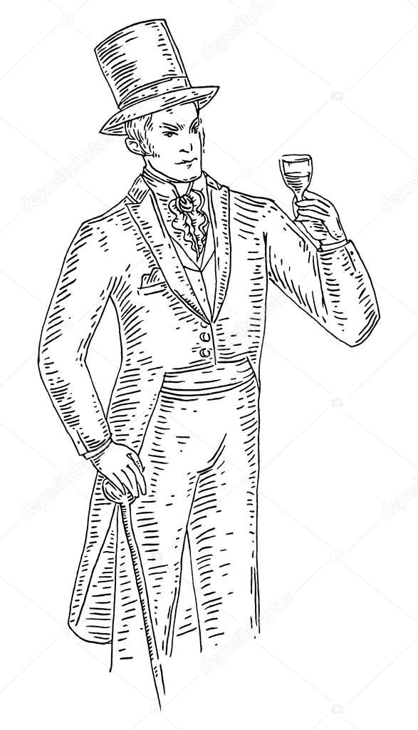 Gentleman holding glass wine. Vintage hatching illustration. Isolated on white
