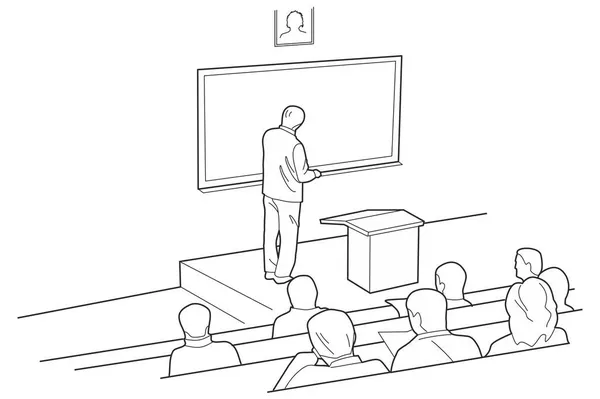 Sınıfta Öğrencilere Ders Veren Bir Öğretim Görevlisi Vektör Siyah Beyaz — Stok Vektör