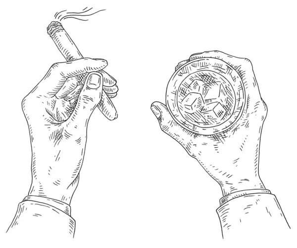 Чоловічі Руки Тримають Скляне Віскі Палаючу Сигару Вид Зверху Урожай — стоковий вектор