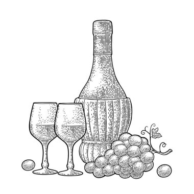 Şişe, cam, üzümlü ve yapraklı. Klasik siyah oyma vektörü