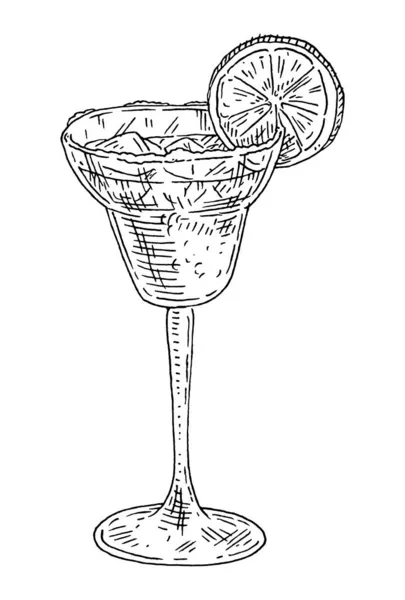 加了盐和石灰的玛格丽塔鸡尾酒在白色上孤立的老式雕刻插图 — 图库矢量图片