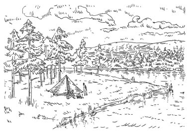 Ormanda kamp yapmak. Klasik oyma vektör monokrom siyah illüstrasyon.