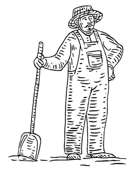 農家はシャベルの地面を掘る。正面図。ベクトルブラックヴィンテージベクトル彫刻 — ストックベクタ