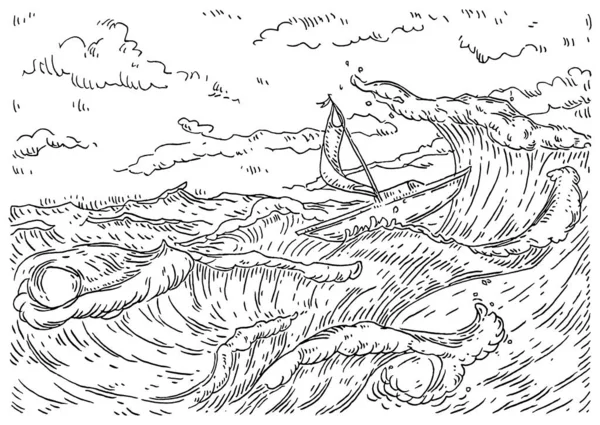 Яхта плаває на морських хвилях. Урожай гравірування вектор монохромна чорна ілюстрація — стоковий вектор