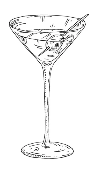 Cóctel Martini Con Oliva Vintage Vector Grabado Ilustración Negro Monocromo — Vector de stock