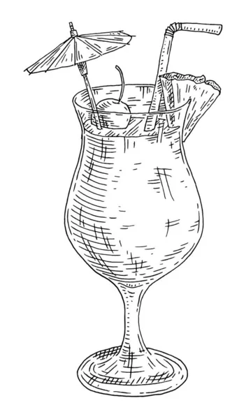 Pina colada cocktail with slice pineapple and straw. Vintage hatching — Vettoriale Stock