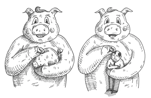 돼지가 저금통을 돈으로 빈티지 그림은 배경에서 손으로 티셔츠의 디자인 — 스톡 벡터