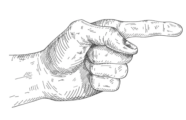 Pointing finger. Vintage monochrome hatching illustration isolated on white — Stock vektor